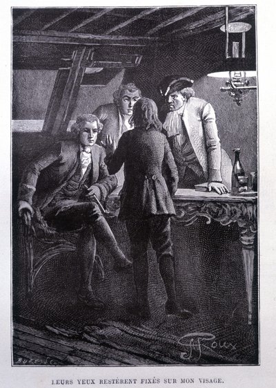 Történetjelenet a hajótéren: a fiatal Jim Hawkins Dr. Livesey és Trelawney főnök előtt – Stevenson „L