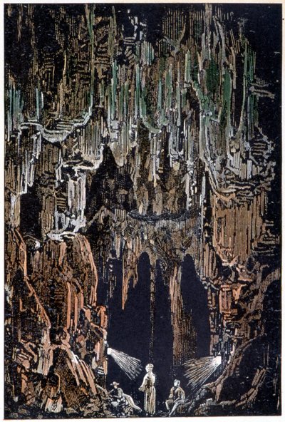 A lámpákat egy lávanyúlványra függesztették fel Jules Verne „Utazás a Föld középpontjába” című művében. alkotó: George Roux