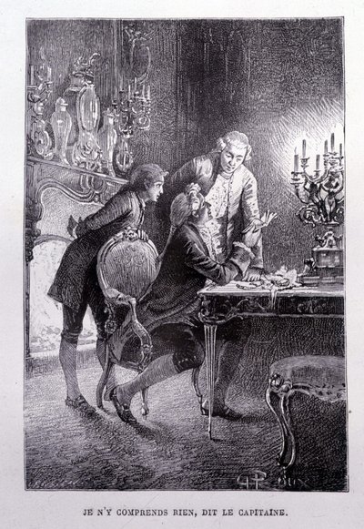 A fiatal Jim Hawkins, Chevalier Trelawnay és Livesey doktor kibékül egy nappaliban – Stevenson „L