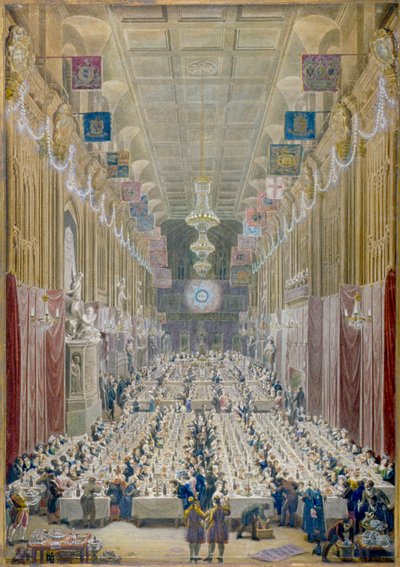 Kilátás a Lord Mayor vacsorájára a Guildhallban, London Cityben, 1828 alkotó: George Scharf