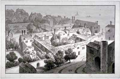 Madártávlati kilátás a winchesteri püspöki palotára, Southwark, London, 1820. alkotó: George Shepherd