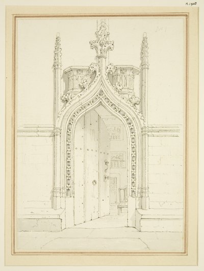 St Mary Redcliffe Vestry Room bejárata, 1812 körül (ceruza és akvarell papíron) alkotó: George Shepherd