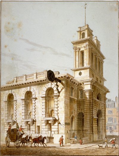 A St Mary Woolnoth-templom északnyugati nézete, London City, 1812 alkotó: George Shepherd