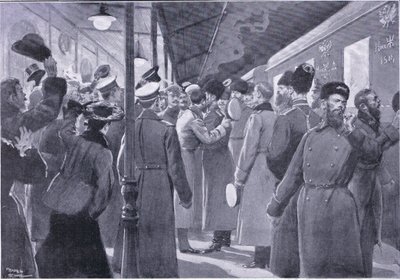 A császári gárda tisztjeitől búcsúzó cár, illusztráció: Cassells Az orosz-japán háború története, 1. kötet, 1900 körül alkotó: George Soper