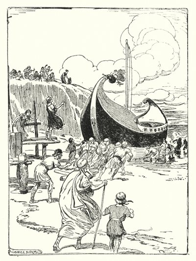 Jason és az argonauták: "A jó Argo hajó felugrott a homokból a görgőkre, és vitéz lóként zuhant előre" (litho) alkotó: George Soper