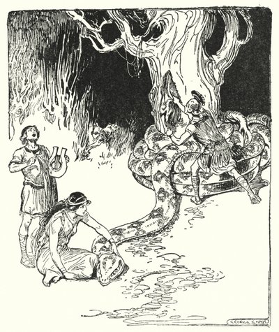 Jászon és az argonauták: "Ezután Jason óvatosan előugrott, és letépte a gyapjút a fa törzséről" (litho) alkotó: George Soper