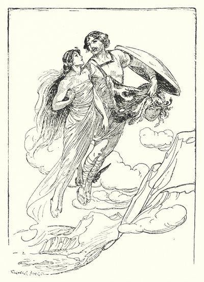 Perseus: "Perseus a karjába emelte szép Andromédáját, és a szikla tetejére menekült vele" (litho) alkotó: George Soper