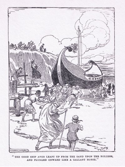 A jó Argo hajó hengerekre ugrott fel a homokból, és vitézkedő lóként zuhant előre a George Allen és Unwin által 1929-ben kiadott Hősökből. alkotó: George Soper