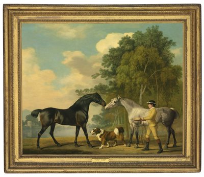 Két vadász fiatal vőlegénnyel és egy kutyával egy tó mellett, 1778 alkotó: George Stubbs