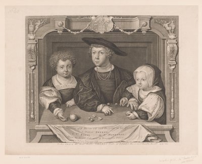 Portret van Dorothea, Johan és Christina van Denemarken VII. K. Henrik és Erzsébet királynő három gyermeke. I. Arthur herceg, II. Pr. Henrik, III. Ps. Margit (cím a tárgyon) Portretten van de Tudors (sorozat címe) Történelmi portrék (sorozat alkotó: George Vertue