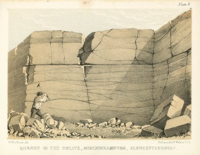 Oolit kőfejtő, Minchinhampton, Gloucestershire (színes metszet) alkotó: George Victor Du Noyer