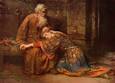 Shakespeare: Cordelia vigasztalja Lear királyt a börtönben, Lear király, V. felvonás, 3. jelenet (színes litó) alkotó: George William (after) Joy