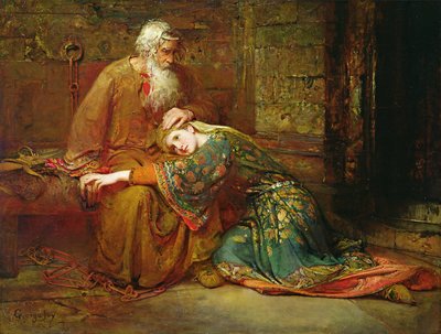 Cordelia vigasztalja apját, Lear királyt a börtönben alkotó: George William Joy