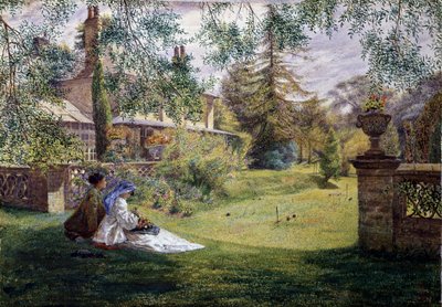 Egy nyári délután. Egy nyári délután: két fiatal nő ül a fűben egy kertben. Velük szemben egy krikettpálya. George William Mote (1832-1909 brit) festménye. Preraffaelizmus (preraffaelita művészet). Magángyűjtemény. alkotó: George William Mote