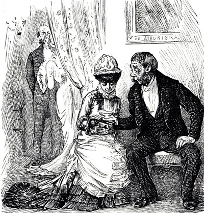 Karikatúra, amely a tenyérjóslás népszerűségét kommentálja a gazdagok körében. Illusztrált George du Maurier (1834-1896) francia-brit karikaturista és író alkotó: George du Maurier
