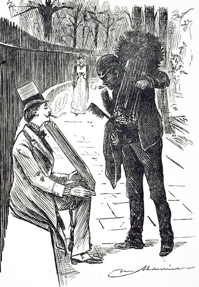 Rajzfilm, amely egy kéményseprőt ábrázol, aki keféit hordja London utcáin. Illusztrálta: George du Maurier (1834-1896) francia-brit karikaturista és író alkotó: George du Maurier