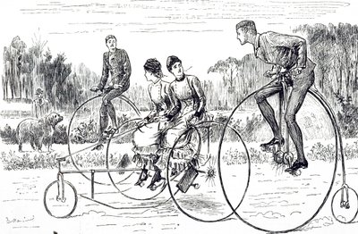 Egy rajzfilm, amely triciklivel közlekedő fiatalok csoportját ábrázolja. Illusztrált George du Maurier (1834-1896) francia-brit karikaturista és író alkotó: George du Maurier