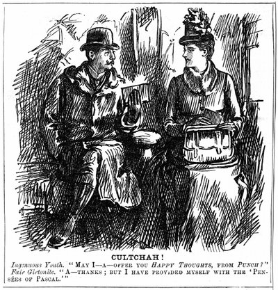Az egyetemi oktatás előnyei a nők számára. George du Maurier karikatúra a Punch Londonból 1887. december 8-án. Fiatal férfi vasúti kocsiban a cambridge-i Girtonban végzett hallgatónak ajánl egy kis olvasnivalót az utazáshoz. Kecsesen visszautasítja, mivel  alkotó: George du Maurier