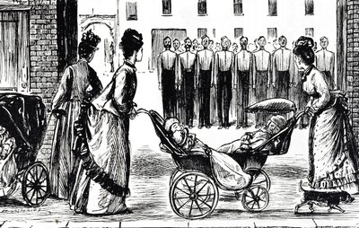 Karikatúra, amely dajkákat ábrázol, akik a laktanya mellett gurítják a kocsijukat alkotó: George du Maurier