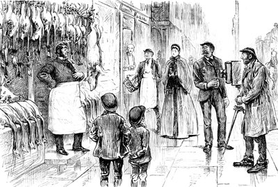 Metszet, amely egy hentest és baromfit ábrázol, amint George du Maurier fényképezte karácsonyi kiállítása előtt. George du Maurier (1834-1896) francia-brit karikaturista és író. 19. századi keltezésű ©UIG/Leemage alkotó: George du Maurier