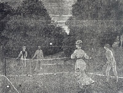 A teniszezőknek ajánlott fehér foszforfesték használatát ábrázoló metszet alkotó: George du Maurier