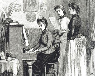 A szalonban éneklő fiatal hölgyeket ábrázoló metszet alkotó: George du Maurier