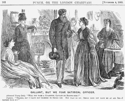 „Galáns, de félünk a szatirikus tiszttől”, 1865 alkotó: George du Maurier
