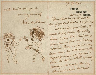 Levél Whistler rajzával, amely Du Maurier-t fenyegeti alkotó: George du Maurier