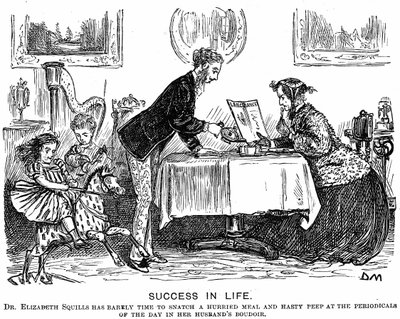 Siker az életben: Szerepváltás és a modern profi nő. George du Maurier rajzfilm a Punch Almanack számára 1867-re. 1865-ben Elizabeth Garrett Anderson (1836-1917) engedélyt kapott a Patikatárius Társaságtól a gyakorlásra. alkotó: George du Maurier