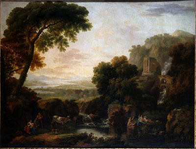 Olasz táj, egy capriccio kilátással Tivolira, egy pásztorra, pásztorlányra és szarvasmarhára alkotó: George the Elder Barret