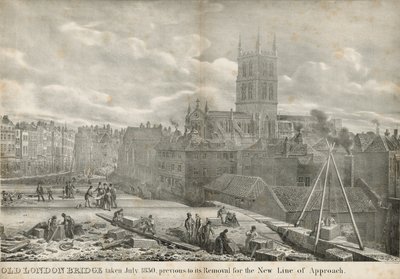 Az Old London Bridge 1830 júliusában készült, az új megközelítési vonal miatti eltávolítása előtt alkotó: George the Elder Scharf