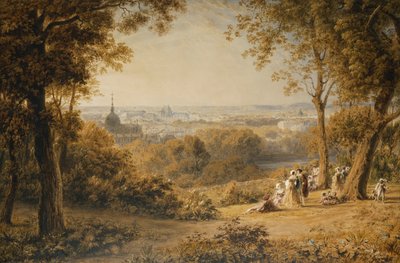 Versailles látványa elegáns alakokkal az előtérben naplementekor, alkotó: George the Younger Barret