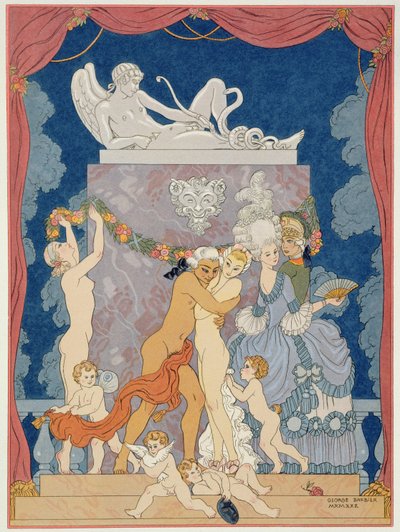 Jelenet Pierre Choderlos de Laclos (1741-1803) „Les Liaisons Dangereuses” című művéből, amely az 1920-as években jelent meg (stencilnyomat) alkotó: Georges (after) Barbier