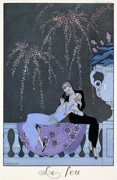 A tűz, Paul Verlaine (1844-96) „Fetes Galantes” illusztrációja, 1924 (stencilnyomat) alkotó: Georges (after) Barbier