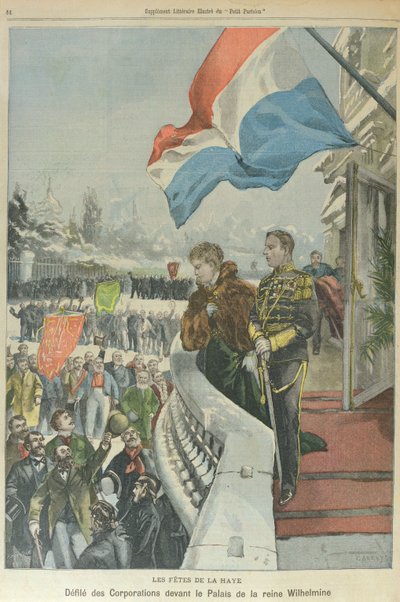 Társaságok felvonulása Hágában Wilhelmina holland királynő és Henrik mecklenburgi herceg házassága alkalmából, 1901. február (színes lithó) alkotó: Georges (after) Carrey