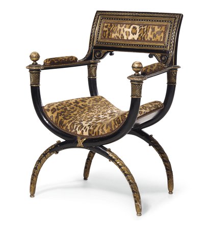 A Directory curule fotel, 1795 körül (ebonizált és aranyozott fa, leopárdmintás kárpitozással) alkotó: Georges (attr. to) Jacob
