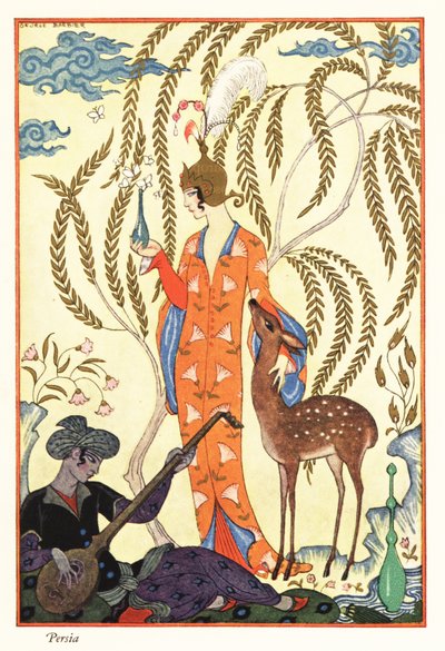 Egy nő kezében egy parfümös lombik, ősi Perzsia alkotó: Georges Barbier