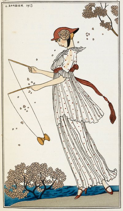 Nyomott fehér vászonruhát viselő nő egy játékkal játszik alkotó: Georges Barbier