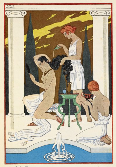 Az ókori Róma. Egy alak, akinek a szolgák mossák a haját. alkotó: Georges Barbier