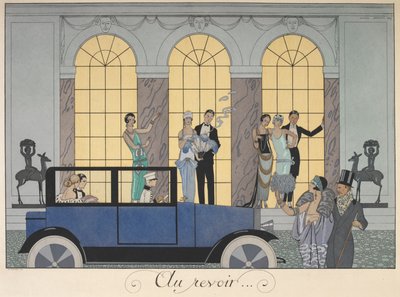 Viszontlátásra. Az emberek autóval távoznak. Emberek estélyi ruhában. alkotó: Georges Barbier