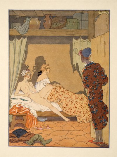 Hálószoba jelenet, Pierre Choderlos de Laclos (1741-1803) kocsma „Les Liaisons Dangereuses” című művéből. 1934 (sablonnyomat) alkotó: Georges Barbier