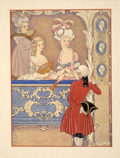 Cécile de Volanges és; Isabelle de Merteuil márkinő a színházban, Pierre Choderlos de Laclos (1741-1803) kocsma „Les Liaisons Dangereuses” című művéből. 1934 (sablonnyomat) alkotó: Georges Barbier