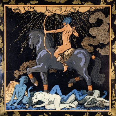 Ő, aki a fekete lovon lovagol, 1917-1920 körül (stencil) alkotó: Georges Barbier