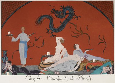 Chez la Marchande de Pasots. Emberek, néhányan meztelenek, hevertek egy szobában. Kínai dekoráció. alkotó: Georges Barbier