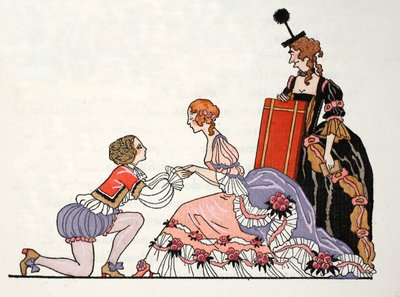 Hamupipőke Bájos herceggel, akit mostohaanyja néz (pochoir print) alkotó: Georges Barbier