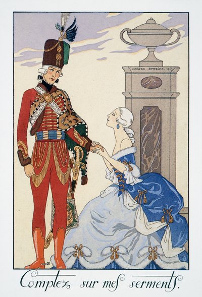 Számíts az eskümre (hűséges leszek hozzád), magyar huszár, George Barbier litográfiája (1882-1932), Falbalas et Fanfreluches, Almanach des Modes Presentes, Passees et Futures alkotó: Georges Barbier