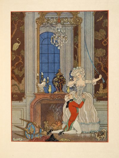 Danceny kinyilvánítja szerelmét Cecile-nek, Illusztráció a „Les Liaisons Dangereuses”-ből, Pierre Choderlos de Laclos (1741-1803) pub. 1934 (sablonnyomat) alkotó: Georges Barbier