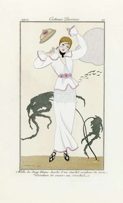 Tervezés fehér ruhához rózsaszín díszítéssel és horgolt övvel, a Costumes Parisientől, 1912. évi pub. (pochoir print) alkotó: Georges Barbier