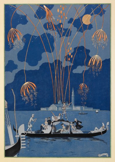 En bateau. Tűzijáték Velencében. Emberek a gondolában. alkotó: Georges Barbier
