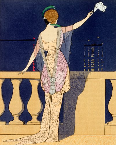 „Farewell at Night”, Jeanne Paquin estélyi ruhájának terve, XX. század eleje alkotó: Georges Barbier